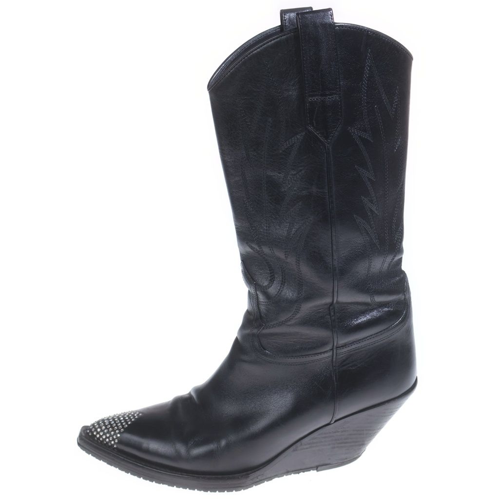 Celine Moon High Rhinestone Decoration Leather Cut Western Boots Black