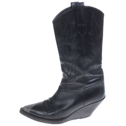 Celine Moon High Rhinestone Decoration Leather Cut Western Boots Black