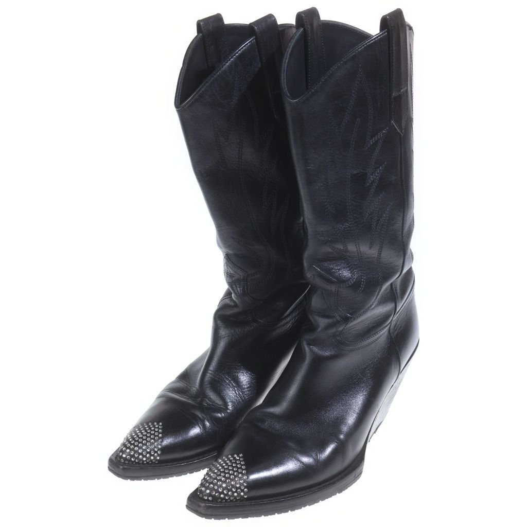 Celine Moon High Rhinestone Decoration Leather Cut Western Boots Black — view 2