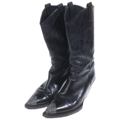 Celine Moon High Rhinestone Decoration Leather Cut Western Boots Black — view 2