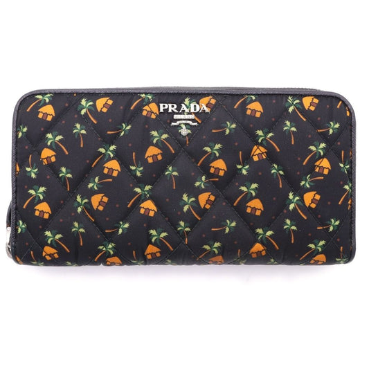 Prada Saffiano All Over Tropical Pattern Quilted Ground Round Zip Wallet Black