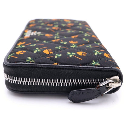 Prada Saffiano All Over Tropical Pattern Quilted Ground Round Zip Wallet Black — view 4
