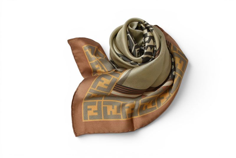 Fendi Scarf Silk Twill Vintage FF Leopard Print Brown Khaki — view 2