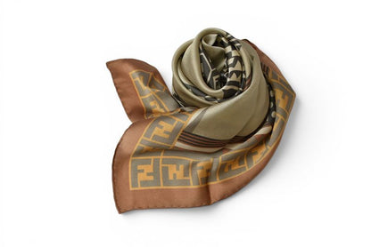 Fendi Scarf Silk Twill Vintage FF Leopard Print Brown Khaki — view 2