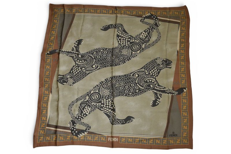 Fendi Scarf Silk Twill Vintage FF Leopard Print Brown Khaki