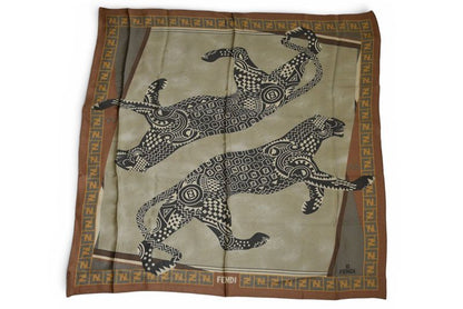 Fendi Scarf Silk Twill Vintage FF Leopard Print Brown Khaki