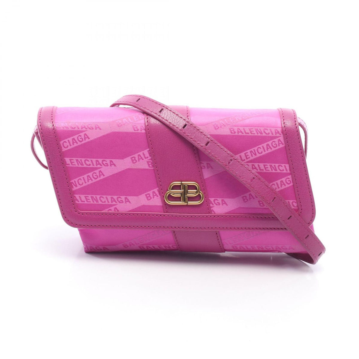 Balenciaga Shoulder Bag Monogram Shift Wallet on Strap Pink Canvas Leather