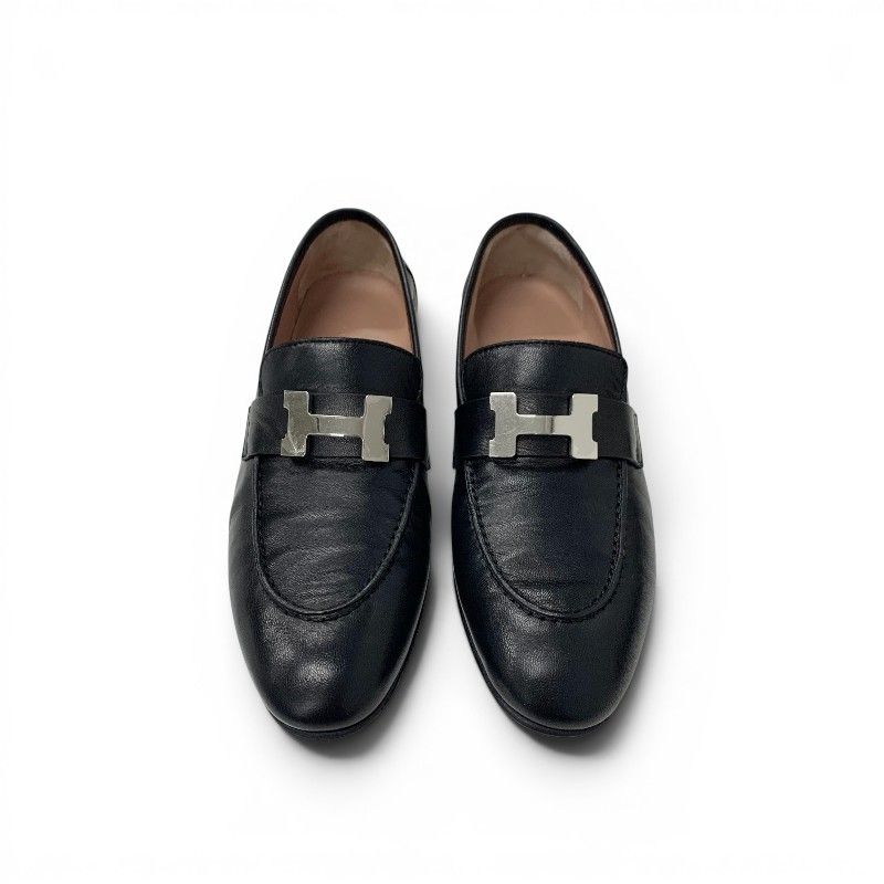 Hermes Paris Loafers Leather Shoes Black Silver Moccasins — view 2