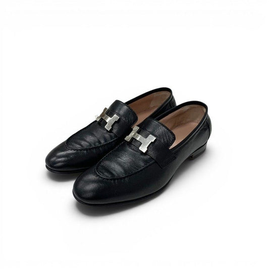 Hermes Paris Loafers Leather Shoes Black Silver Moccasins