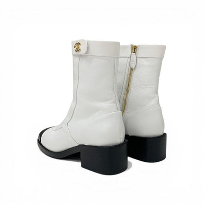 Chanel Boots Short Shoes Leather White Black CC Logo Turnlock — view 4