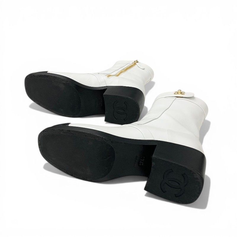 Chanel Boots Short Shoes Leather White Black CC Logo Turnlock — view 6