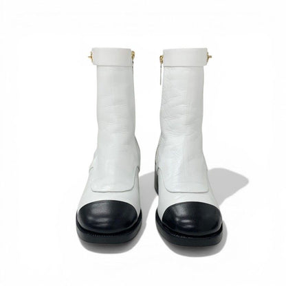 Chanel Boots Short Shoes Leather White Black CC Logo Turnlock — view 2