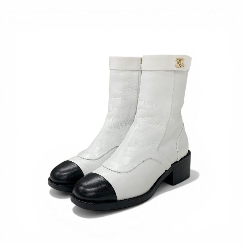 Chanel Boots Short Shoes Leather White Black CC Logo Turnlock
