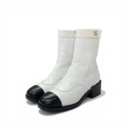 Chanel Boots Short Shoes Leather White Black CC Logo Turnlock