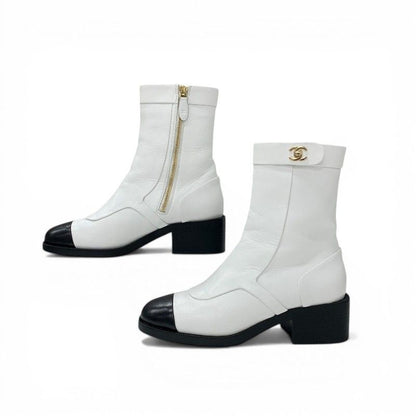Chanel Boots Short Shoes Leather White Black CC Logo Turnlock — view 3