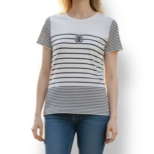 Chanel CC Logo Embroidery Border Cotton Short Sleeve Knit Top Sweater