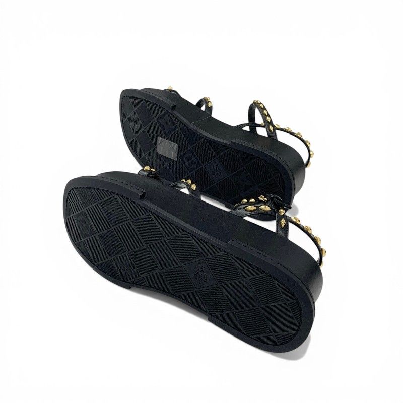Louis Vuitton Maya Line Sandals Shoes Leather Black Gold LV Logo Studs Strap — view 6