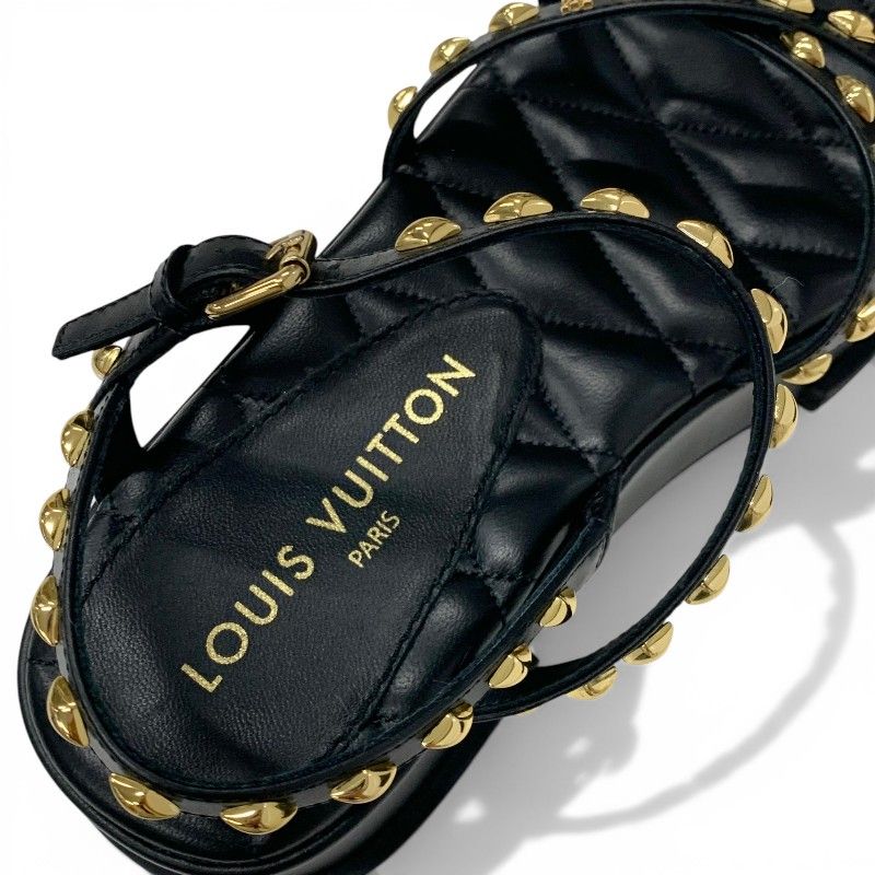 Louis Vuitton Maya Line Sandals Shoes Leather Black Gold LV Logo Studs Strap — view 7