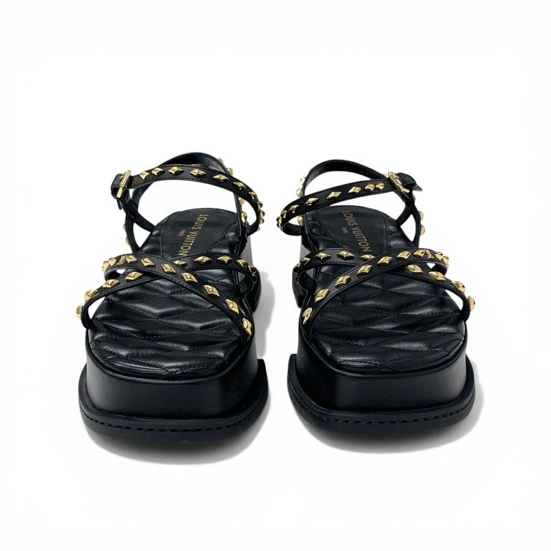 Louis Vuitton Maya Line Sandals Shoes Leather Black Gold LV Logo Studs Strap — view 2