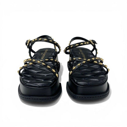 Louis Vuitton Maya Line Sandals Shoes Leather Black Gold LV Logo Studs Strap — view 2