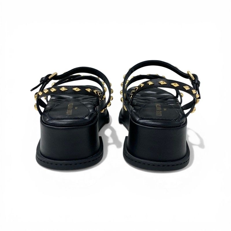 Louis Vuitton Maya Line Sandals Shoes Leather Black Gold LV Logo Studs Strap — view 5