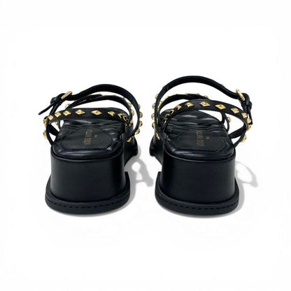 Louis Vuitton Maya Line Sandals Shoes Leather Black Gold LV Logo Studs Strap — view 5