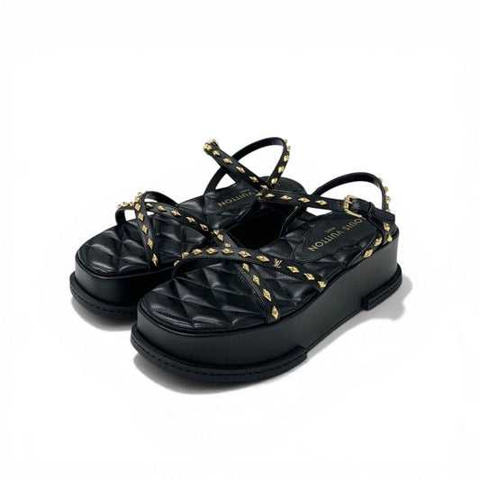 Louis Vuitton Maya Line Sandals Shoes Leather Black Gold LV Logo Studs Strap