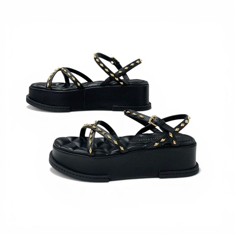 Louis Vuitton Maya Line Sandals Shoes Leather Black Gold LV Logo Studs Strap — view 3