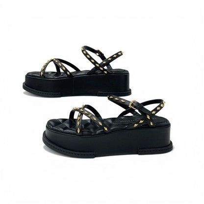 Louis Vuitton Maya Line Sandals Shoes Leather Black Gold LV Logo Studs Strap — view 3