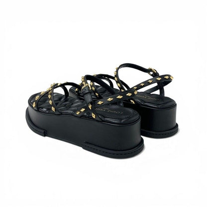 Louis Vuitton Maya Line Sandals Shoes Leather Black Gold LV Logo Studs Strap — view 4