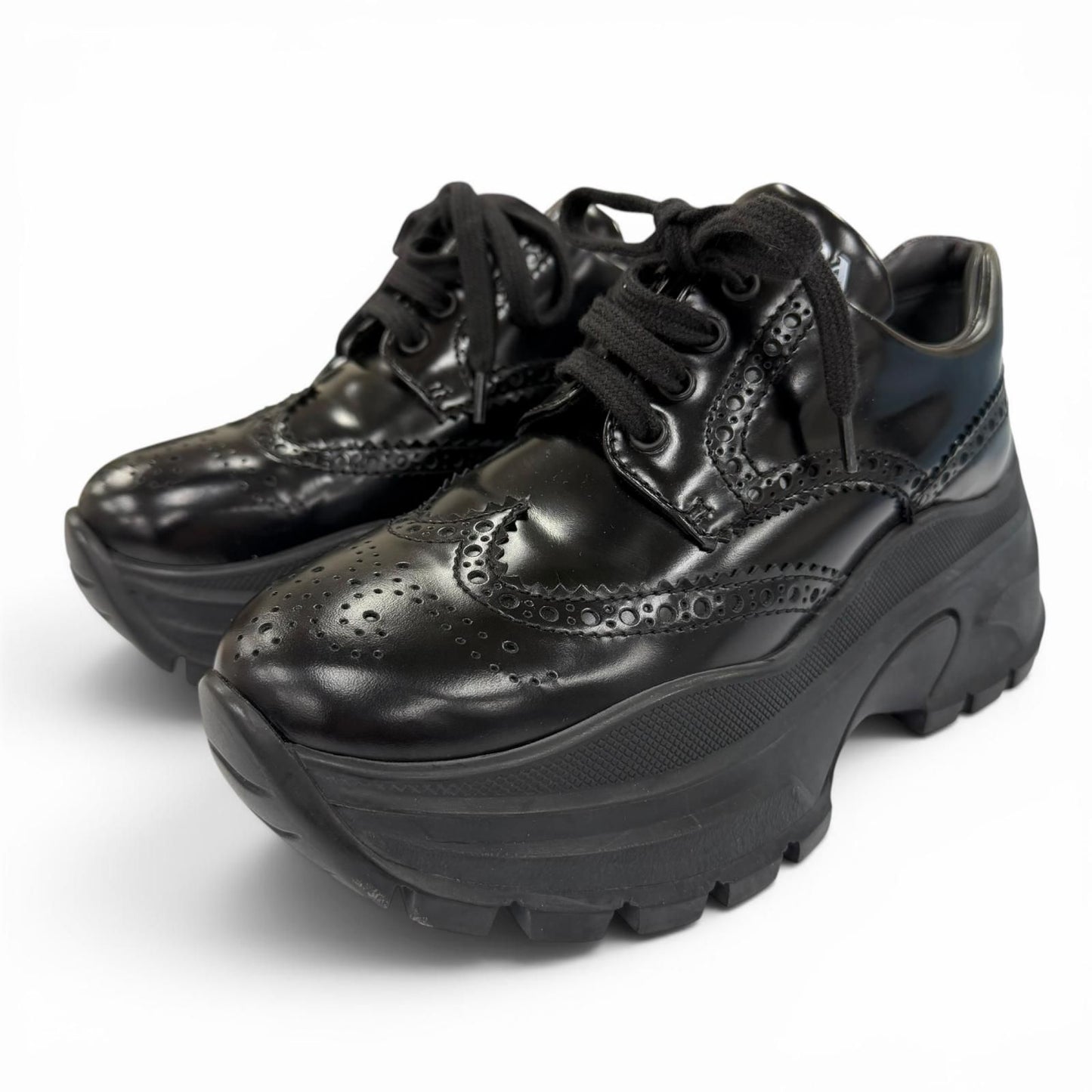 Prada Wingtip Medallion Lace Up Leather Sneakers Black