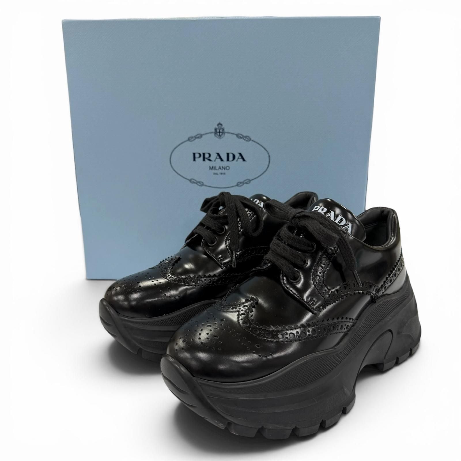Prada Wingtip Medallion Lace Up Leather Sneakers Black — view 2