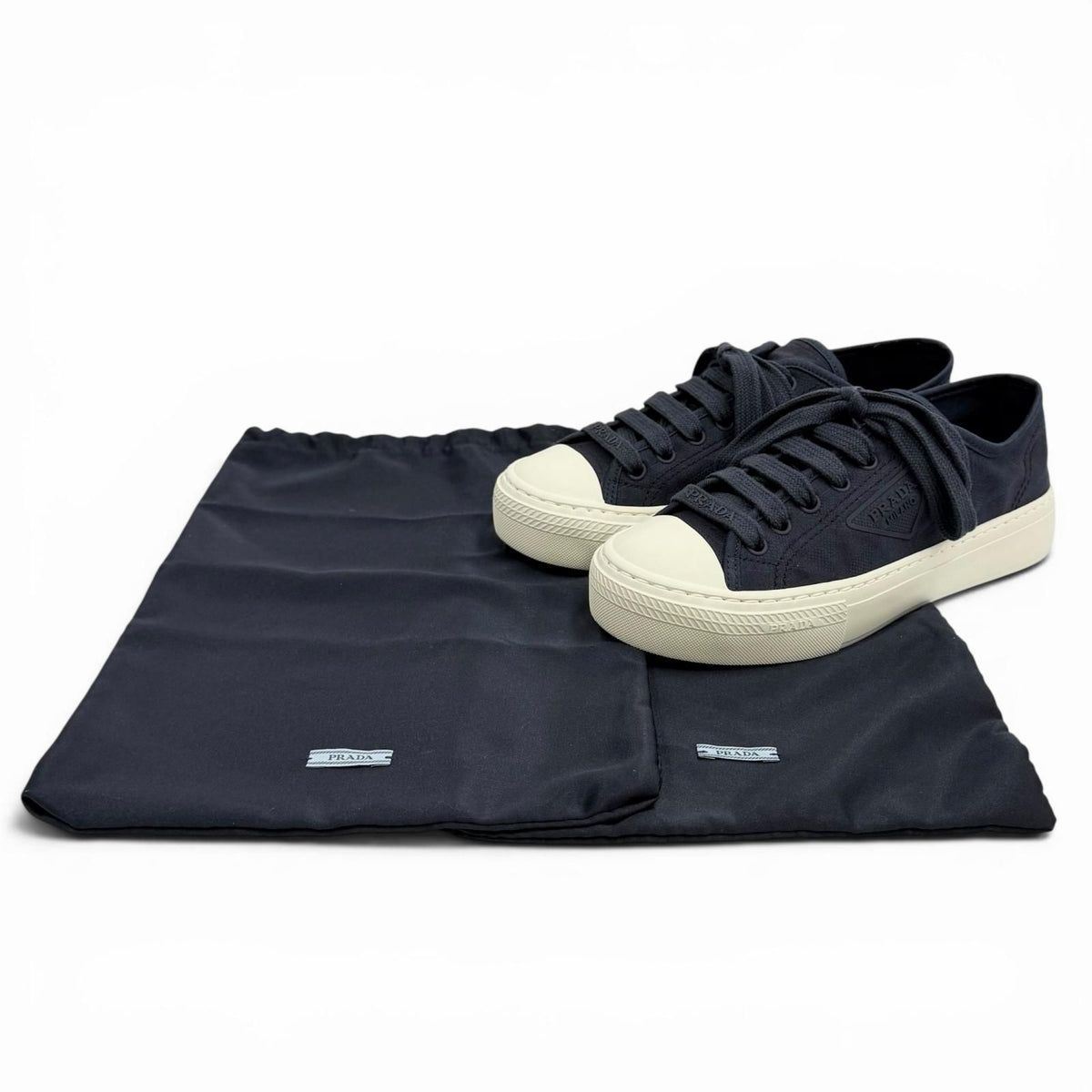 Prada Triangle Logo Pattern Fabric Sneakers Navy — view 2