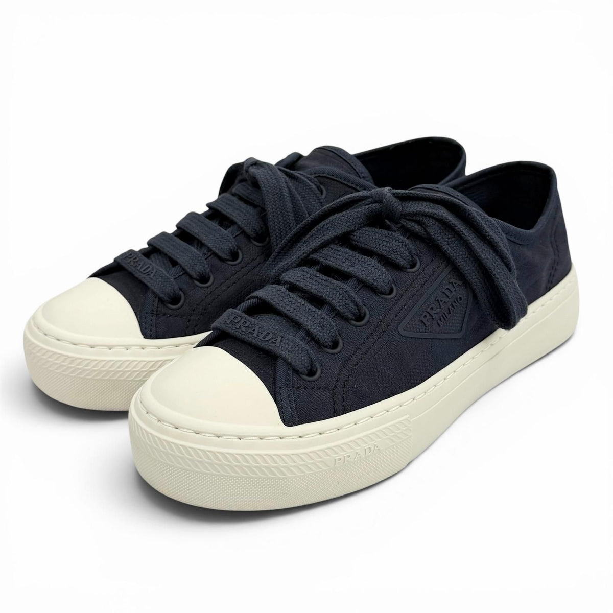 Prada Triangle Logo Pattern Fabric Sneakers Navy