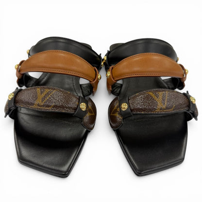 Louis Vuitton Legacy Line Leather Monogram Canvas Flat Sandals Black — view 3