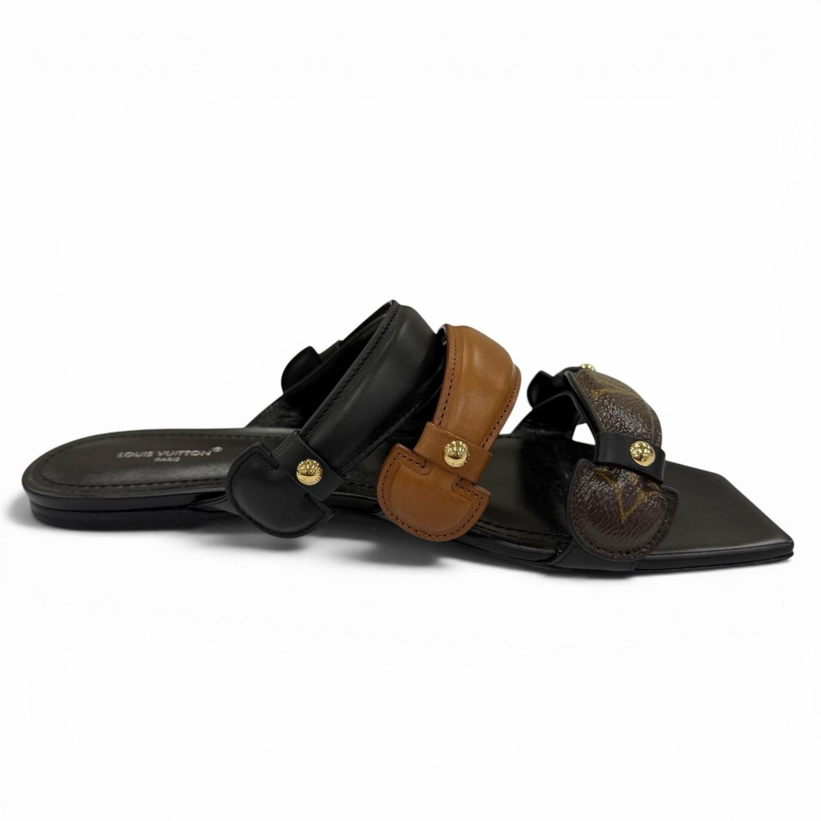 Louis Vuitton Legacy Line Leather Monogram Canvas Flat Sandals Black — view 5