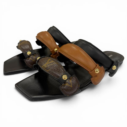 Louis Vuitton Legacy Line Leather Monogram Canvas Flat Sandals Black