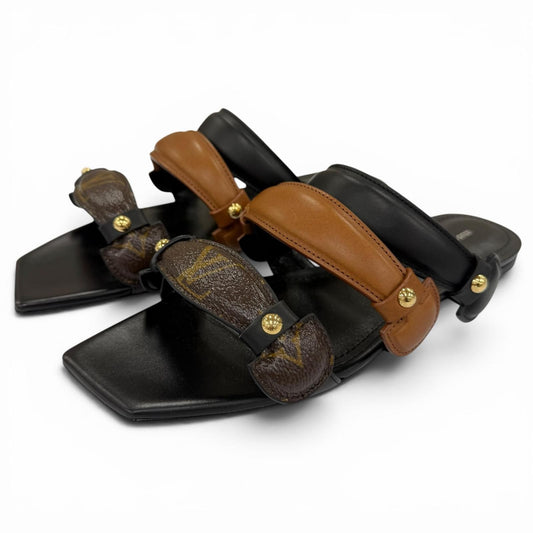 Louis Vuitton Legacy Line Leather Monogram Canvas Flat Sandals Black