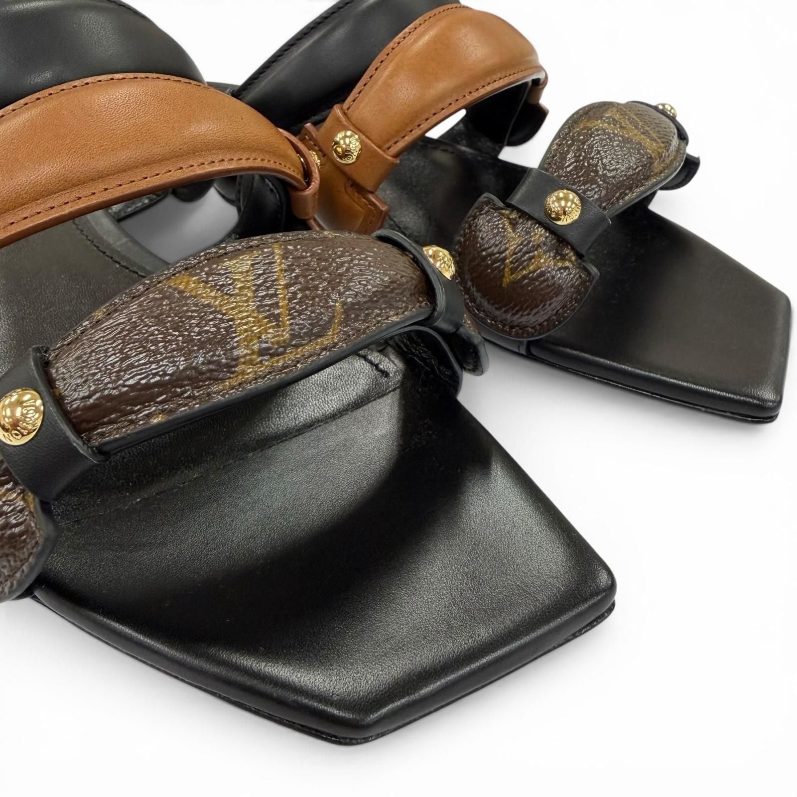 Louis Vuitton Legacy Line Leather Monogram Canvas Flat Sandals Black — view 7