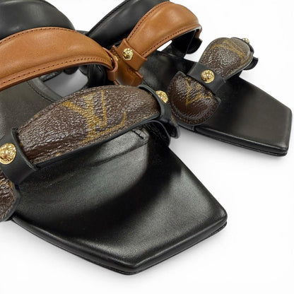 Louis Vuitton Legacy Line Leather Monogram Canvas Flat Sandals Black — view 7
