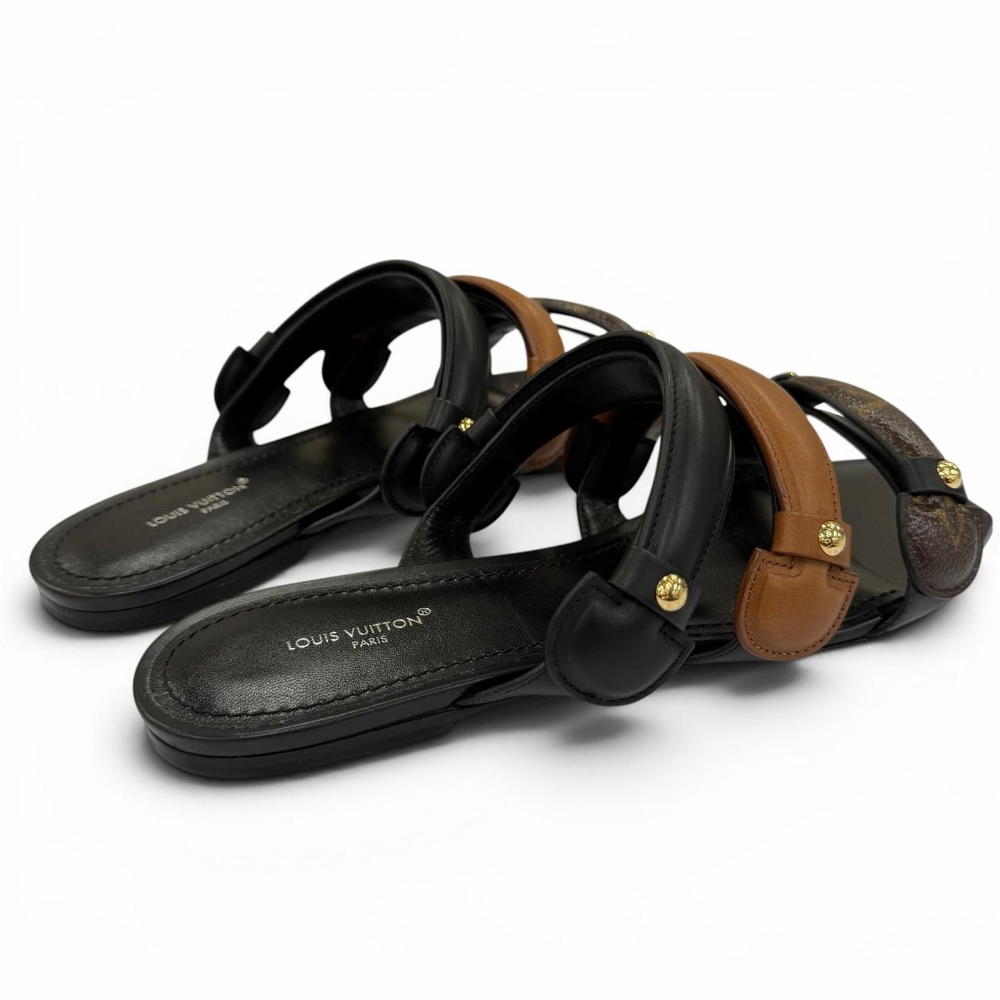Louis Vuitton Legacy Line Leather Monogram Canvas Flat Sandals Black — view 2
