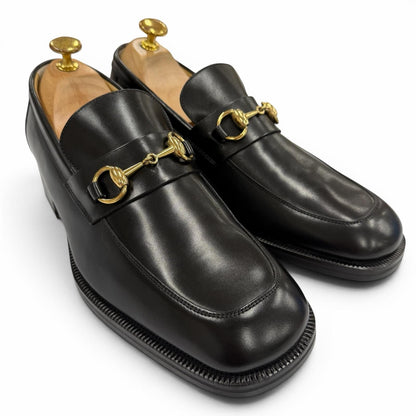 Gucci 110 Horsebit Tip Leather Shoes Loafers Black Gold — view 2