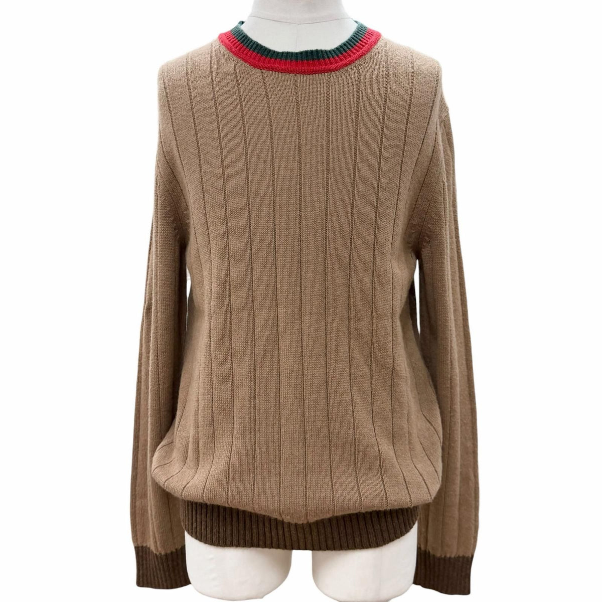 Gucci Camel Wool Web Stripe Crew Neck Knit Sweater Brown