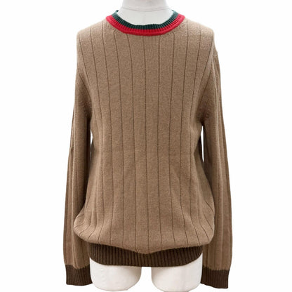 Gucci Camel Wool Web Stripe Crew Neck Knit Sweater Brown