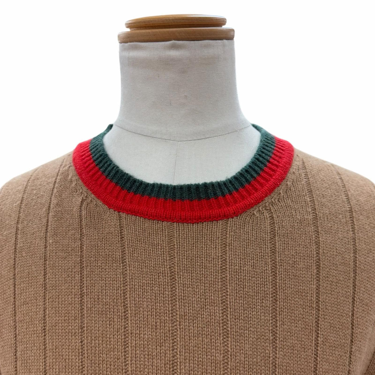 Gucci Camel Wool Web Stripe Crew Neck Knit Sweater Brown — view 2