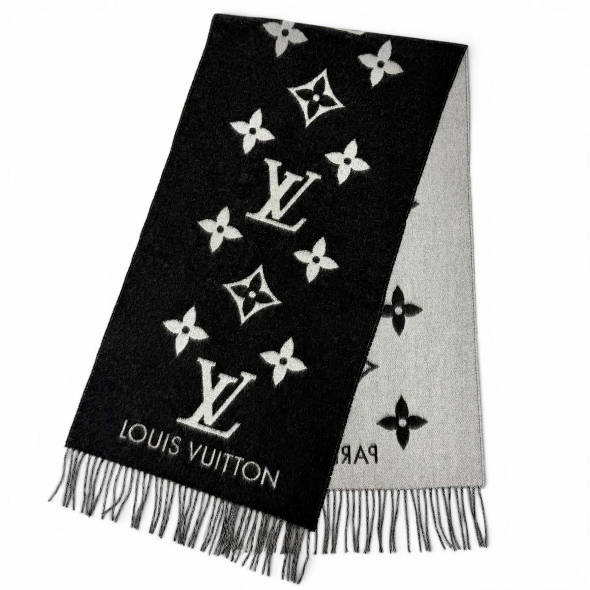 Louis Vuitton Scarf Reykjavik 100% Cashmere Echarpe Monogram Fringe Black — view 2
