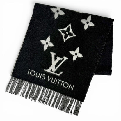 Louis Vuitton Scarf Reykjavik 100% Cashmere Echarpe Monogram Fringe Black