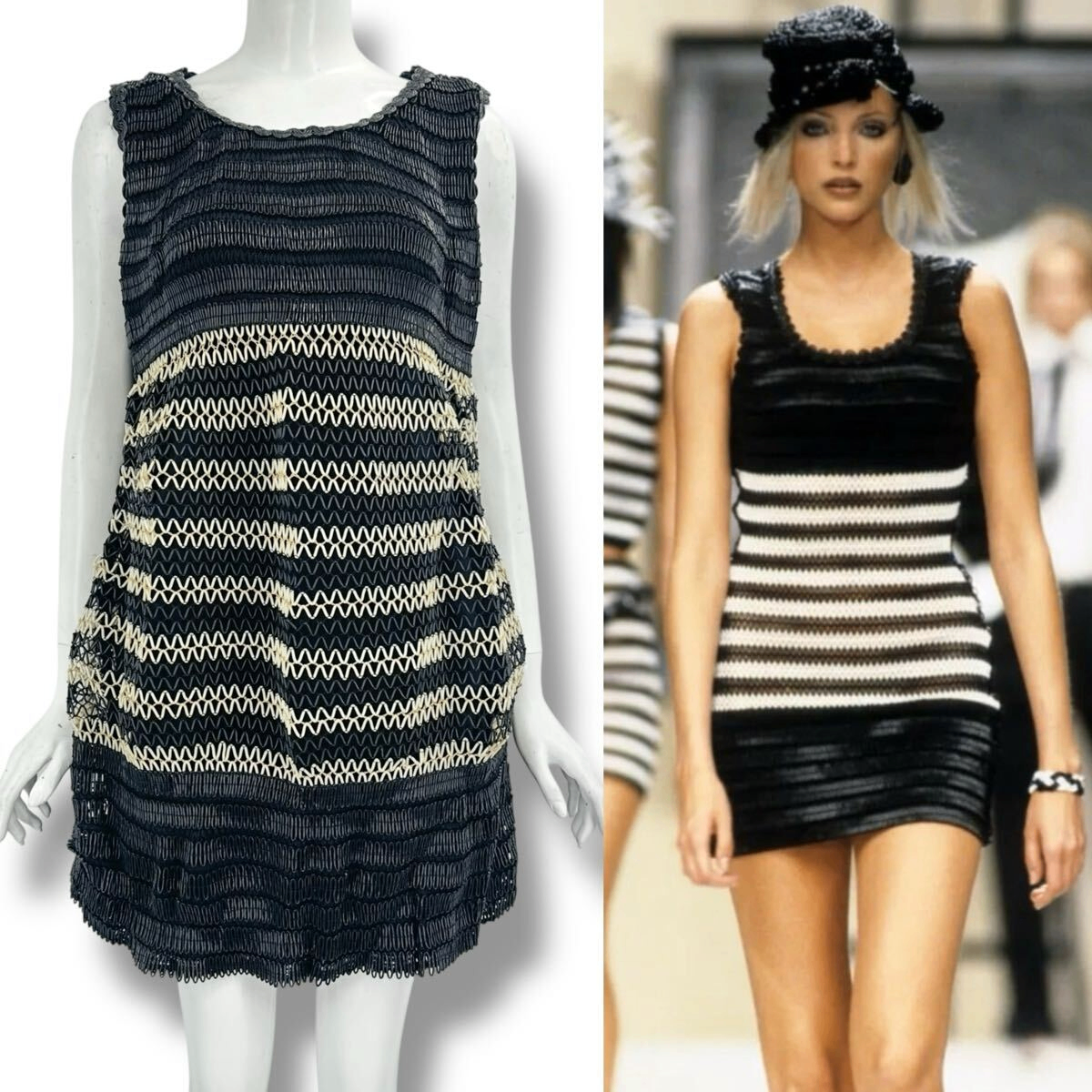 Chanel Dress Sleeveless Zigzag Pattern Openwork White Black 38