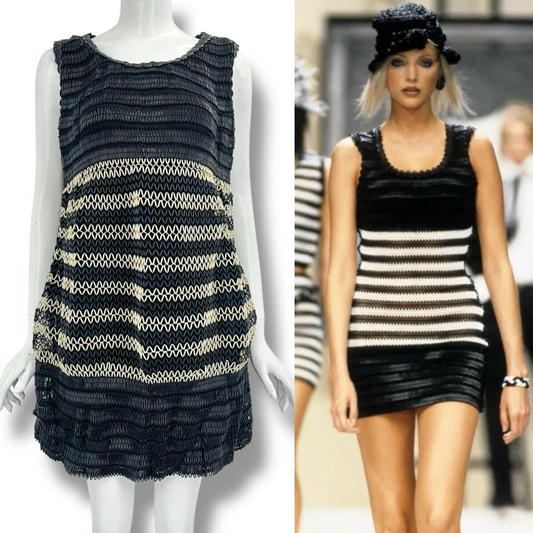 Chanel Dress Sleeveless Zigzag Pattern Openwork White Black 38