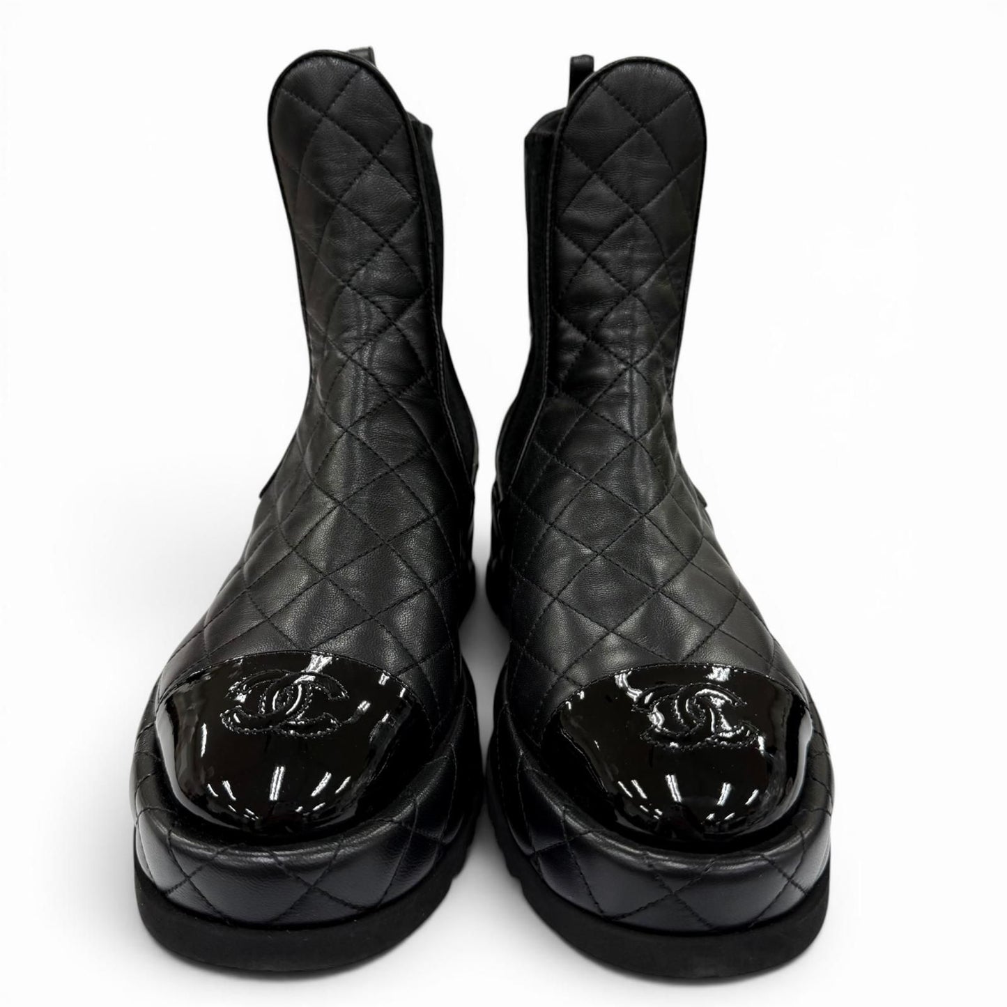 Chanel CC Logo Quilted Leather Side Gore Boots Lightweight Short Black — view 3